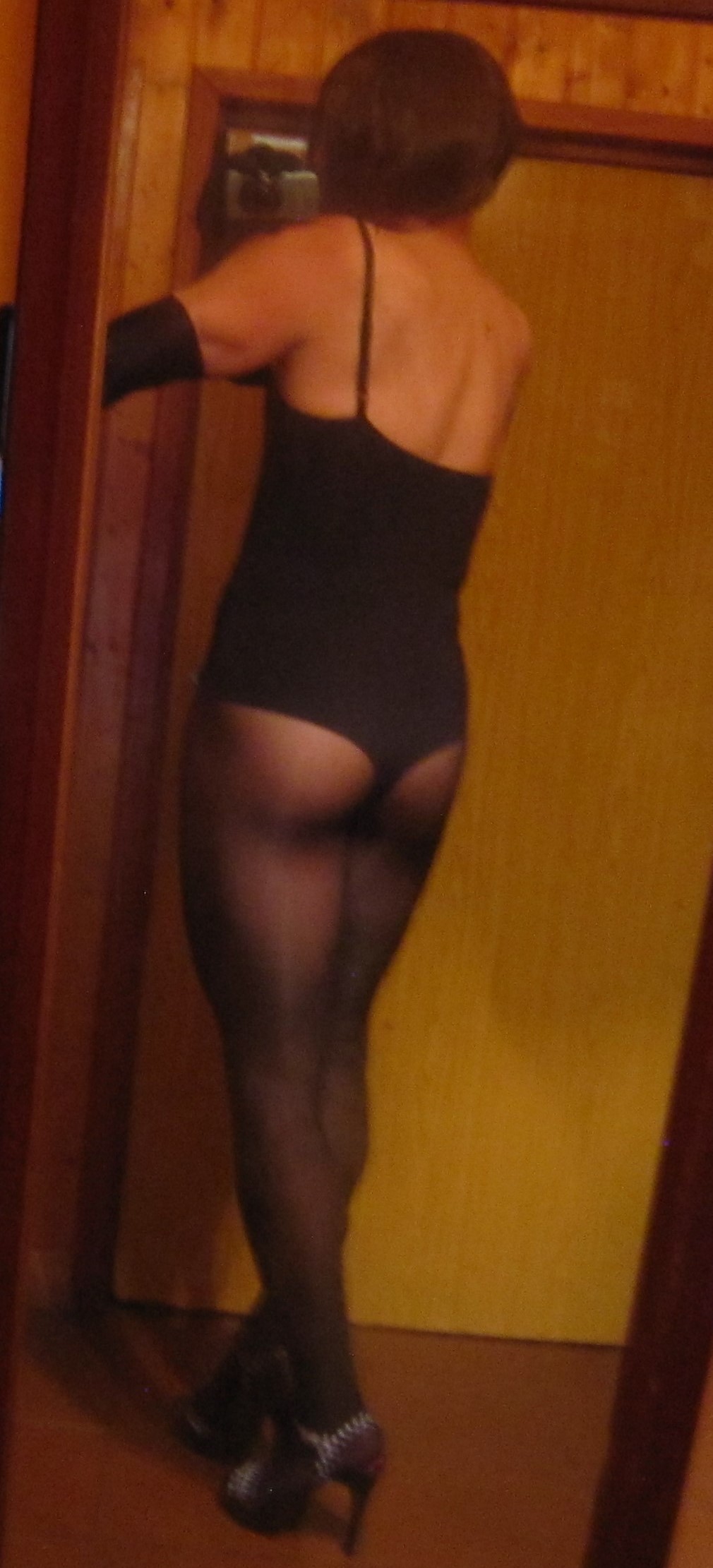 Item m6 bodysuit with Wolford Neon pantyhose, rear view